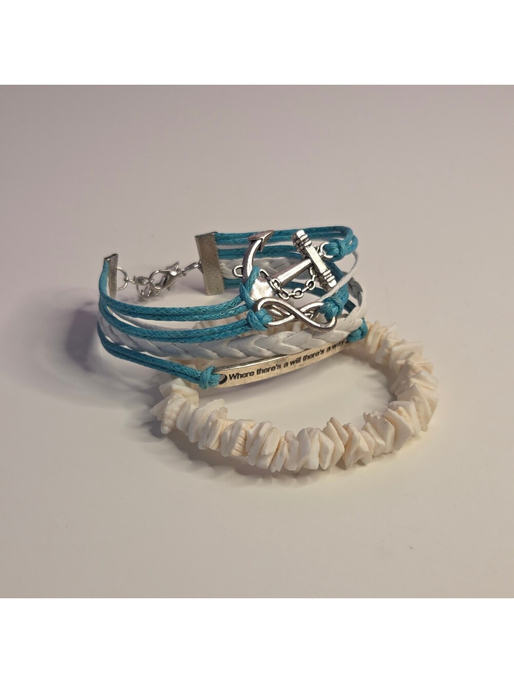 White & Blue Coastal Prep Boho Beach Bracelets with Silver Tone Charms + Shells